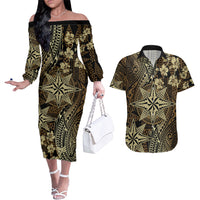 Vintage Tonga Tribal Ngatu Pattern Couples Matching Off The Shoulder Long Sleeve Dress and Hawaiian Shirt With Pacific Floral Brown Art LT9 Brown - Polynesian Pride
