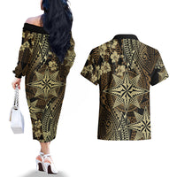 Vintage Tonga Tribal Ngatu Pattern Couples Matching Off The Shoulder Long Sleeve Dress and Hawaiian Shirt With Pacific Floral Brown Art LT9 - Polynesian Pride