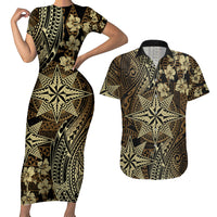 Vintage Tonga Tribal Ngatu Pattern Couples Matching Short Sleeve Bodycon Dress and Hawaiian Shirt With Pacific Floral Brown Art LT9 Brown - Polynesian Pride