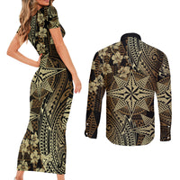Vintage Tonga Tribal Ngatu Pattern Couples Matching Short Sleeve Bodycon Dress and Long Sleeve Button Shirt With Pacific Floral Brown Art LT9 - Polynesian Pride