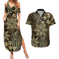 Vintage Tonga Tribal Ngatu Pattern Couples Matching Summer Maxi Dress and Hawaiian Shirt With Pacific Floral Brown Art LT9 Brown - Polynesian Pride