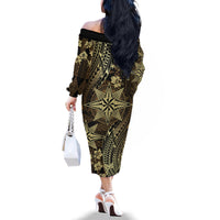 Vintage Tonga Tribal Ngatu Pattern Family Matching Off The Shoulder Long Sleeve Dress and Hawaiian Shirt With Pacific Floral Brown Art LT9 - Polynesian Pride