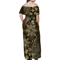 Vintage Tonga Tribal Ngatu Pattern Family Matching Off Shoulder Maxi Dress and Hawaiian Shirt With Pacific Floral Brown Art LT9 - Polynesian Pride