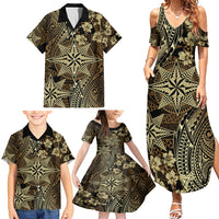 Vintage Tonga Tribal Ngatu Pattern Family Matching Summer Maxi Dress and Hawaiian Shirt With Pacific Floral Brown Art LT9 - Polynesian Pride