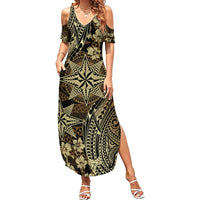 Vintage Tonga Tribal Ngatu Pattern Family Matching Summer Maxi Dress and Hawaiian Shirt With Pacific Floral Brown Art LT9 Mom's Dress Brown - Polynesian Pride