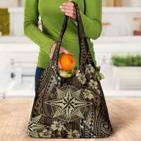 Vintage Tonga Tribal Ngatu Pattern Grocery Bag With Pacific Floral Brown Art
