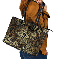 Vintage Tonga Tribal Ngatu Pattern Leather Tote Bag With Pacific Floral Brown Art