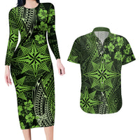 Vintage Tonga Tribal Ngatu Pattern Couples Matching Long Sleeve Bodycon Dress and Hawaiian Shirt With Pacific Floral Lime Green Art LT9 Lime Green - Polynesian Pride