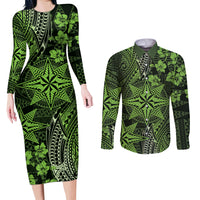 Vintage Tonga Tribal Ngatu Pattern Couples Matching Long Sleeve Bodycon Dress and Long Sleeve Button Shirt With Pacific Floral Lime Green Art LT9 Lime Green - Polynesian Pride