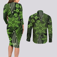 Vintage Tonga Tribal Ngatu Pattern Couples Matching Long Sleeve Bodycon Dress and Long Sleeve Button Shirt With Pacific Floral Lime Green Art LT9 - Polynesian Pride