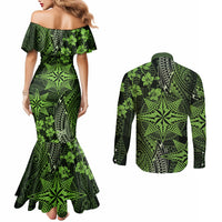 Vintage Tonga Tribal Ngatu Pattern Couples Matching Mermaid Dress and Long Sleeve Button Shirt With Pacific Floral Lime Green Art LT9 - Polynesian Pride