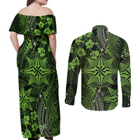 Vintage Tonga Tribal Ngatu Pattern Couples Matching Off Shoulder Maxi Dress and Long Sleeve Button Shirt With Pacific Floral Lime Green Art LT9 - Polynesian Pride