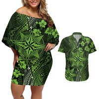 Vintage Tonga Tribal Ngatu Pattern Couples Matching Off Shoulder Short Dress and Hawaiian Shirt With Pacific Floral Lime Green Art LT9 Lime Green - Polynesian Pride