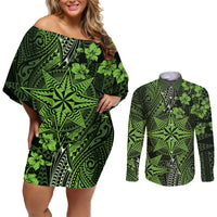 Vintage Tonga Tribal Ngatu Pattern Couples Matching Off Shoulder Short Dress and Long Sleeve Button Shirt With Pacific Floral Lime Green Art LT9 Lime Green - Polynesian Pride