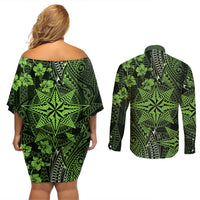 Vintage Tonga Tribal Ngatu Pattern Couples Matching Off Shoulder Short Dress and Long Sleeve Button Shirt With Pacific Floral Lime Green Art LT9 - Polynesian Pride
