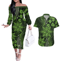 Vintage Tonga Tribal Ngatu Pattern Couples Matching Off The Shoulder Long Sleeve Dress and Hawaiian Shirt With Pacific Floral Lime Green Art LT9 Lime Green - Polynesian Pride