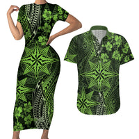Vintage Tonga Tribal Ngatu Pattern Couples Matching Short Sleeve Bodycon Dress and Hawaiian Shirt With Pacific Floral Lime Green Art LT9 Lime Green - Polynesian Pride