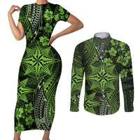Vintage Tonga Tribal Ngatu Pattern Couples Matching Short Sleeve Bodycon Dress and Long Sleeve Button Shirt With Pacific Floral Lime Green Art LT9 Lime Green - Polynesian Pride