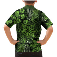Vintage Tonga Tribal Ngatu Pattern Family Matching Mermaid Dress and Hawaiian Shirt With Pacific Floral Lime Green Art LT9 - Polynesian Pride