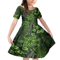 Vintage Tonga Tribal Ngatu Pattern Family Matching Mermaid Dress and Hawaiian Shirt With Pacific Floral Lime Green Art LT9 Daughter's Dress Lime Green - Polynesian Pride