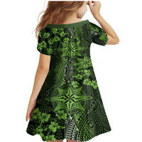 Vintage Tonga Tribal Ngatu Pattern Family Matching Mermaid Dress and Hawaiian Shirt With Pacific Floral Lime Green Art LT9 - Polynesian Pride