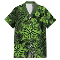 Vintage Tonga Tribal Ngatu Pattern Family Matching Off The Shoulder Long Sleeve Dress and Hawaiian Shirt With Pacific Floral Lime Green Art LT9 Dad's Shirt - Short Sleeve Lime Green - Polynesian Pride