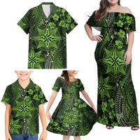 Vintage Tonga Tribal Ngatu Pattern Family Matching Off Shoulder Maxi Dress and Hawaiian Shirt With Pacific Floral Lime Green Art LT9 - Polynesian Pride