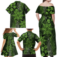 Vintage Tonga Tribal Ngatu Pattern Family Matching Off Shoulder Maxi Dress and Hawaiian Shirt With Pacific Floral Lime Green Art LT9 - Polynesian Pride