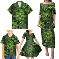 Vintage Tonga Tribal Ngatu Pattern Family Matching Puletasi and Hawaiian Shirt With Pacific Floral Lime Green Art LT9 - Polynesian Pride