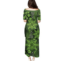 Vintage Tonga Tribal Ngatu Pattern Family Matching Puletasi and Hawaiian Shirt With Pacific Floral Lime Green Art LT9 - Polynesian Pride
