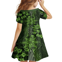 Vintage Tonga Tribal Ngatu Pattern Family Matching Short Sleeve Bodycon Dress and Hawaiian Shirt With Pacific Floral Lime Green Art LT9 - Polynesian Pride