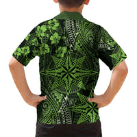 Vintage Tonga Tribal Ngatu Pattern Family Matching Summer Maxi Dress and Hawaiian Shirt With Pacific Floral Lime Green Art LT9 - Polynesian Pride