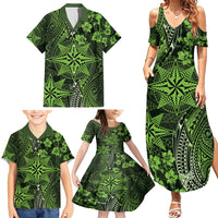 Vintage Tonga Tribal Ngatu Pattern Family Matching Summer Maxi Dress and Hawaiian Shirt With Pacific Floral Lime Green Art LT9 - Polynesian Pride