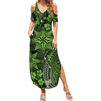 Vintage Tonga Tribal Ngatu Pattern Family Matching Summer Maxi Dress and Hawaiian Shirt With Pacific Floral Lime Green Art LT9 Mom's Dress Lime Green - Polynesian Pride