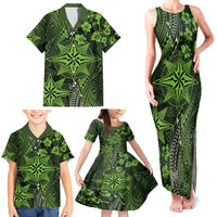 Vintage Tonga Tribal Ngatu Pattern Family Matching Tank Maxi Dress and Hawaiian Shirt With Pacific Floral Lime Green Art LT9 - Polynesian Pride