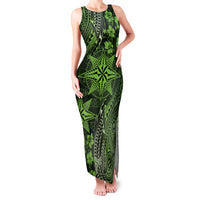 Vintage Tonga Tribal Ngatu Pattern Family Matching Tank Maxi Dress and Hawaiian Shirt With Pacific Floral Lime Green Art LT9 Mom's Dress Lime Green - Polynesian Pride