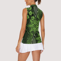 Vintage Tonga Tribal Ngatu Pattern Women Sleeveless Polo Shirt With Pacific Floral Lime Green Art LT9 - Polynesian Pride