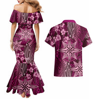Vintage Tonga Tribal Ngatu Pattern Couples Matching Mermaid Dress and Hawaiian Shirt With Pacific Floral Pink Art LT9 - Polynesian Pride