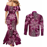 Vintage Tonga Tribal Ngatu Pattern Couples Matching Mermaid Dress and Long Sleeve Button Shirt With Pacific Floral Pink Art LT9 - Polynesian Pride