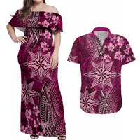 Vintage Tonga Tribal Ngatu Pattern Couples Matching Off Shoulder Maxi Dress and Hawaiian Shirt With Pacific Floral Pink Art LT9 Pink - Polynesian Pride