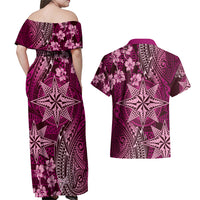 Vintage Tonga Tribal Ngatu Pattern Couples Matching Off Shoulder Maxi Dress and Hawaiian Shirt With Pacific Floral Pink Art LT9 - Polynesian Pride