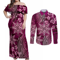 Vintage Tonga Tribal Ngatu Pattern Couples Matching Off Shoulder Maxi Dress and Long Sleeve Button Shirt With Pacific Floral Pink Art LT9 Pink - Polynesian Pride