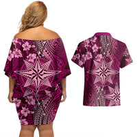 Vintage Tonga Tribal Ngatu Pattern Couples Matching Off Shoulder Short Dress and Hawaiian Shirt With Pacific Floral Pink Art LT9 - Polynesian Pride
