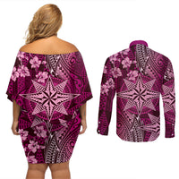 Vintage Tonga Tribal Ngatu Pattern Couples Matching Off Shoulder Short Dress and Long Sleeve Button Shirt With Pacific Floral Pink Art LT9 - Polynesian Pride