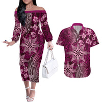 Vintage Tonga Tribal Ngatu Pattern Couples Matching Off The Shoulder Long Sleeve Dress and Hawaiian Shirt With Pacific Floral Pink Art LT9 Pink - Polynesian Pride
