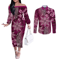 Vintage Tonga Tribal Ngatu Pattern Couples Matching Off The Shoulder Long Sleeve Dress and Long Sleeve Button Shirt With Pacific Floral Pink Art LT9 Pink - Polynesian Pride