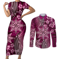 Vintage Tonga Tribal Ngatu Pattern Couples Matching Short Sleeve Bodycon Dress and Long Sleeve Button Shirt With Pacific Floral Pink Art LT9 Pink - Polynesian Pride