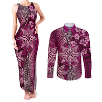 Vintage Tonga Tribal Ngatu Pattern Couples Matching Tank Maxi Dress and Long Sleeve Button Shirt With Pacific Floral Pink Art LT9 Pink - Polynesian Pride