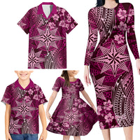 Vintage Tonga Tribal Ngatu Pattern Family Matching Long Sleeve Bodycon Dress and Hawaiian Shirt With Pacific Floral Pink Art LT9 - Polynesian Pride