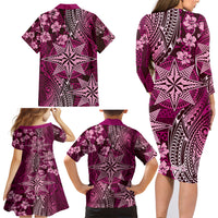 Vintage Tonga Tribal Ngatu Pattern Family Matching Long Sleeve Bodycon Dress and Hawaiian Shirt With Pacific Floral Pink Art LT9 - Polynesian Pride